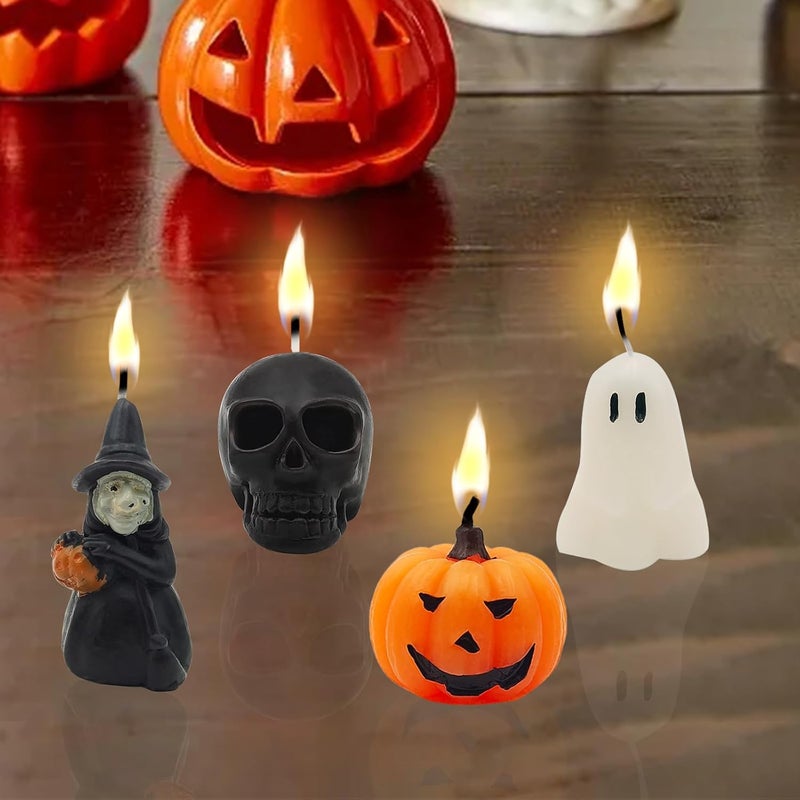 itechpanda 4 PCS Halloween Ghost Candles, Novelty Votive Cute Votive for Fall Decor Thanksgiving, Smokeless Unscented Tealight, Halloween Party, Ghost, Witch, Skull, Pumpkin Candles - Image 1